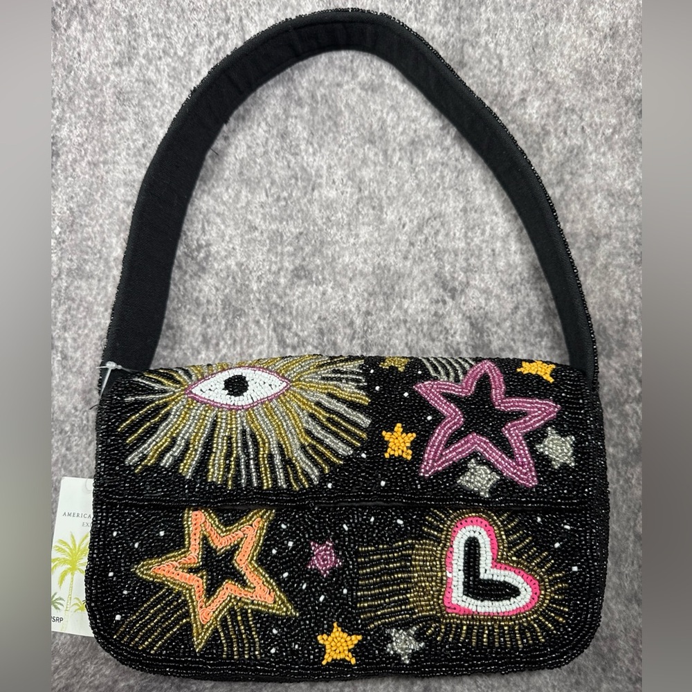 VIRAL America and Beyond Beaded Black Bag Star and Heart Design  New With Tag